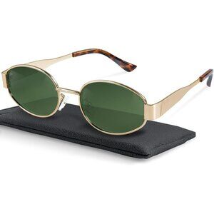 Retro Polarized Green Gold Sunglasses UV400 Protection Oval Metal Soft Frame